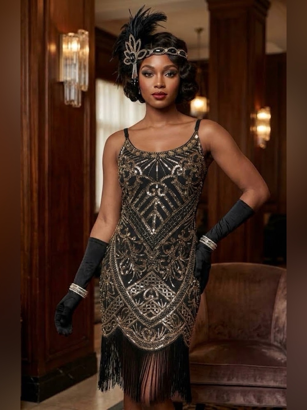 YESSA Authentic 1920s Style Modern Fringe Flapper Dress with Tiered Capelet